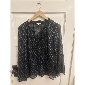 Maette Women's Black Ruffle Top Silver‎ Dots Sheer Lined Size Large